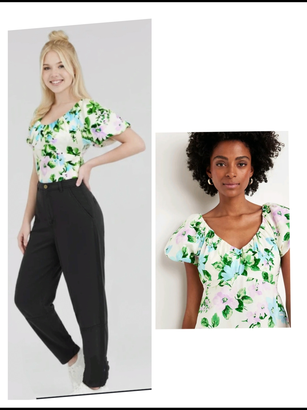 Old Navy Floral Puff-Sleeve Top - White, Green & Pink